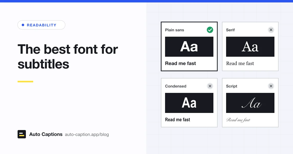 Four font samples reading 'Aa' and 'Read me fast': plain sans serif marked with a green check, and serif, condensed and script marked with grey crosses.