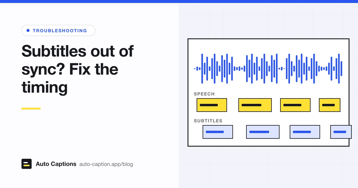 An audio waveform above two rows of blocks: yellow speech blocks and blue subtitle blocks that sit slightly to the right of them, showing subtitles running late.