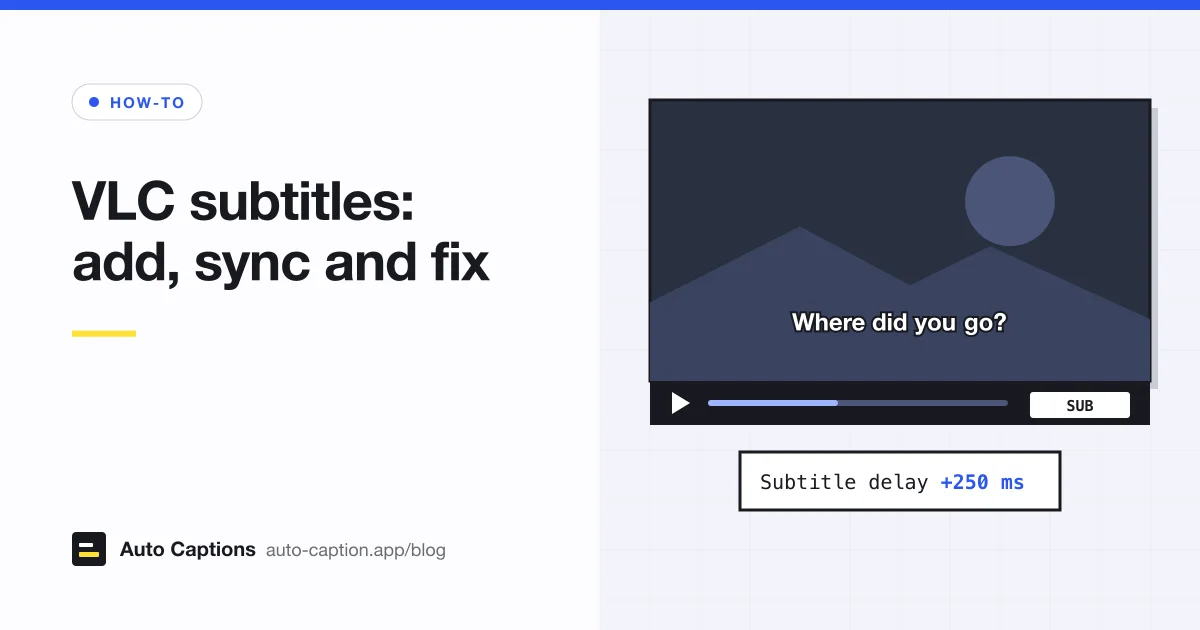 A generic video player showing the subtitle Where did you go? over a mountain scene, with a SUB button in the control bar and a box below reading Subtitle delay +250 ms.
