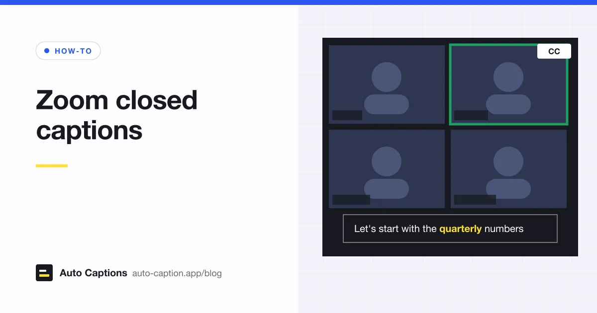 A four-person video call grid with a CC button in the corner and a live caption bar under the tiles reading Let's start with the quarterly numbers, with quarterly highlighted.